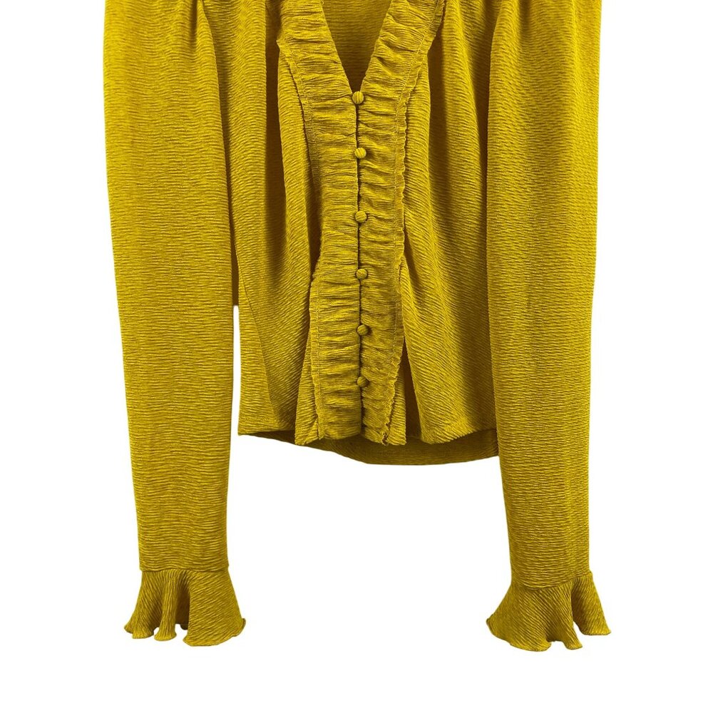 Anthropologie Women's Small Mustard Yellow Collared Flounce Sleeve Button Blouse - Picture 3 of 10